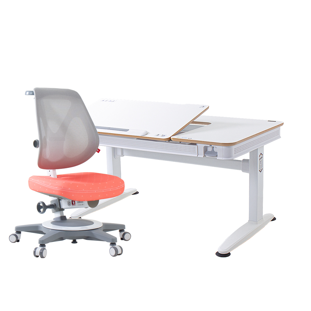 G6-120S 動態成長氣動桌椅組 (EGO網椅)-潔白 (MDF)／珊瑚紅 (EGO椅)