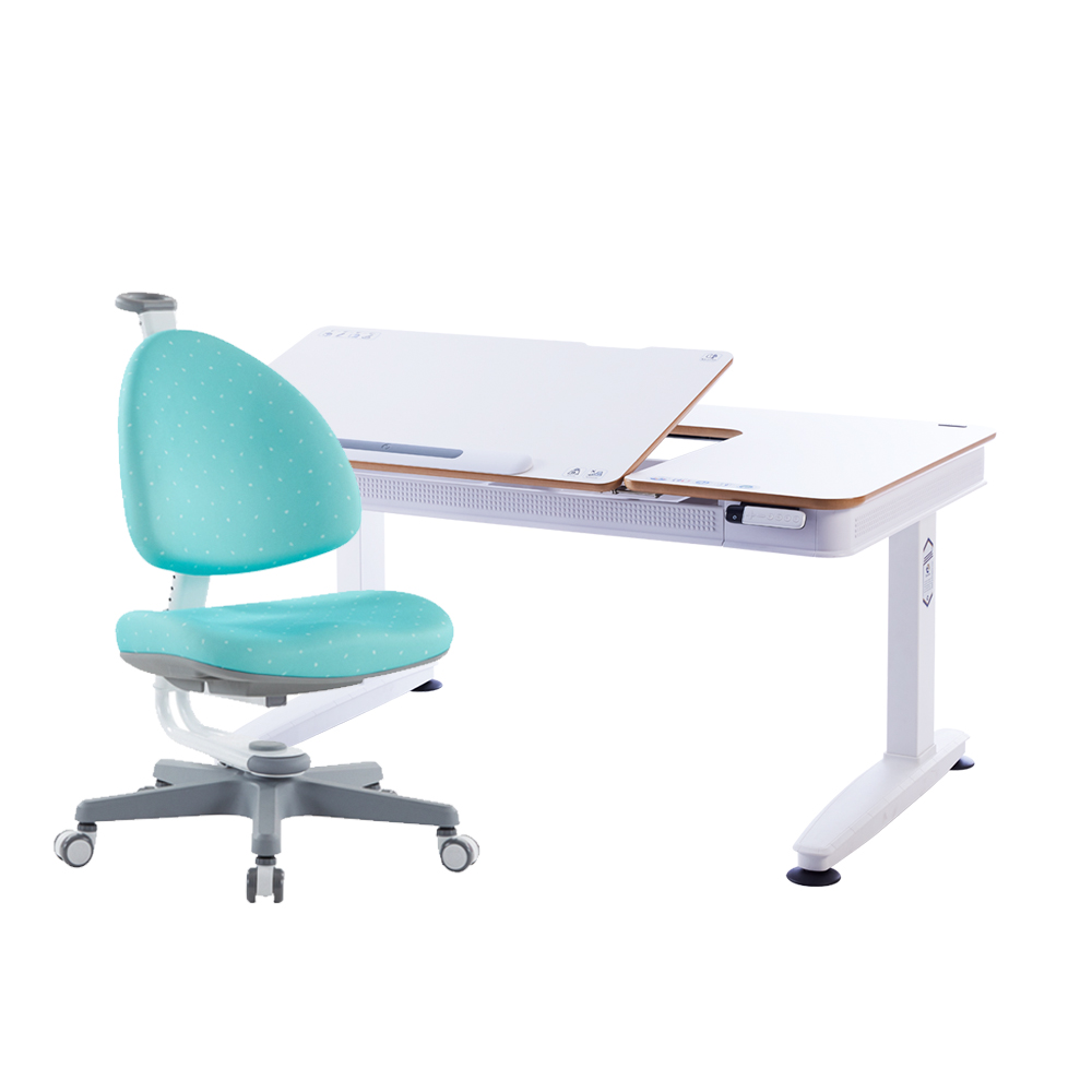 E6-120S 動態成長電動桌椅組-潔白 (MDF)／湖水綠 (BABO椅)