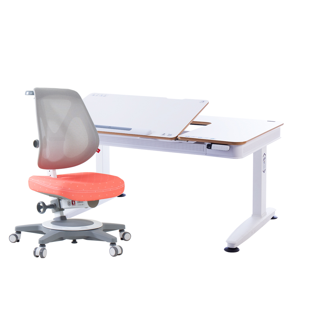 E6-120S 動態成長電動桌椅組 (EGO網椅)-潔白 (MDF)／珊瑚紅 (EGO椅)