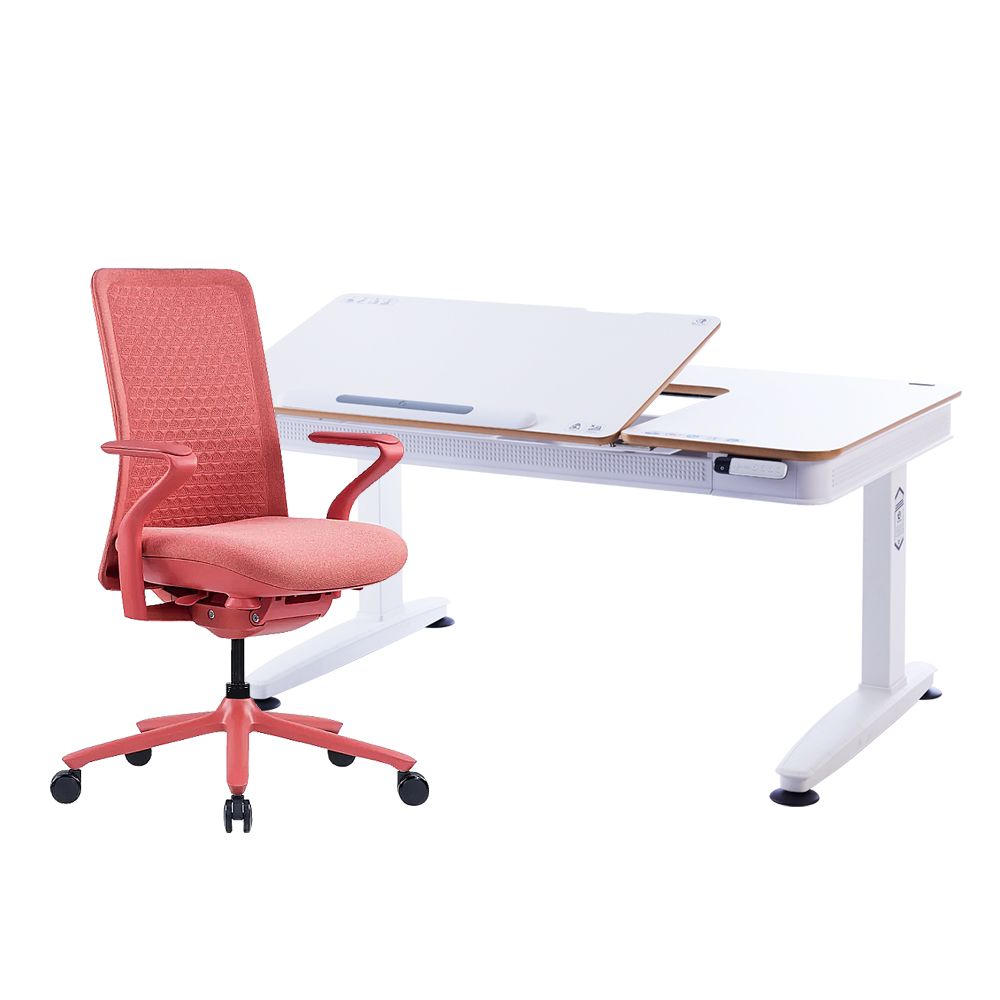 E6-120S 電動桌椅組 (POLY 人體工學椅)-潔白 (MDF)／珊瑚紅 (POLY椅)