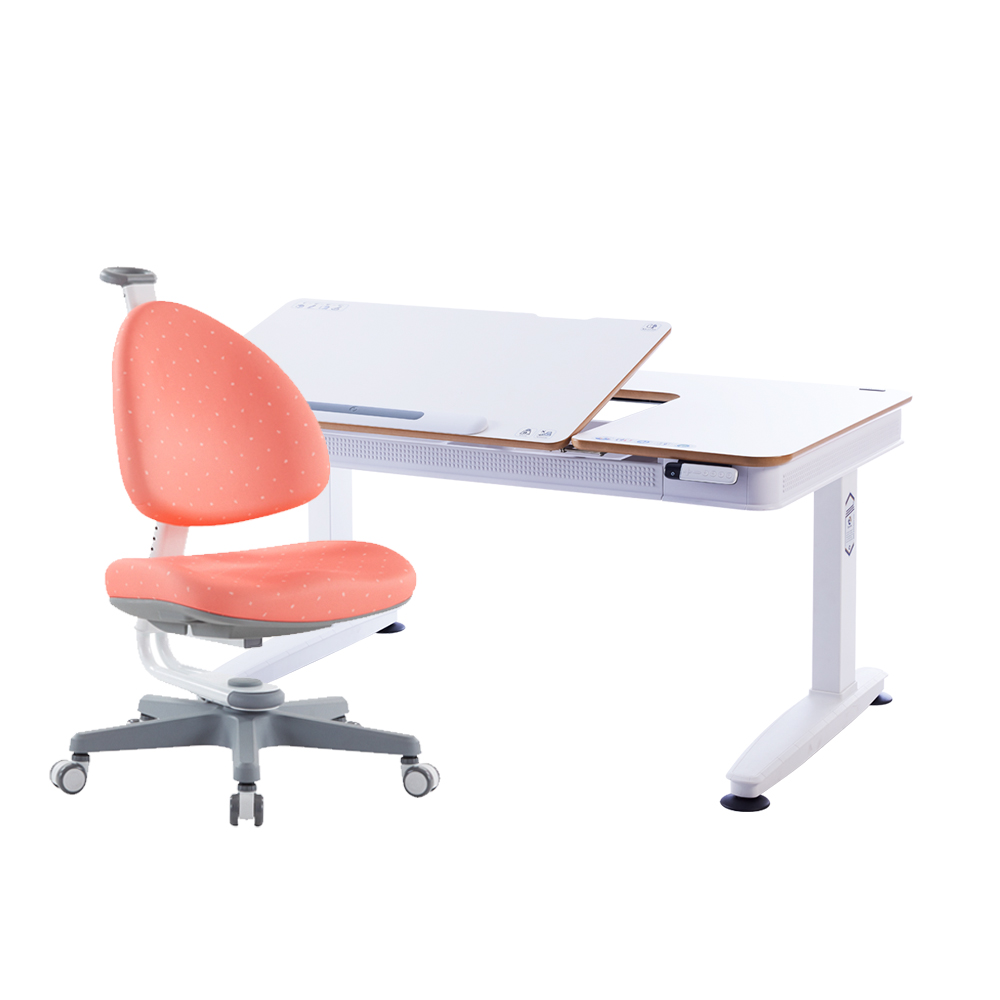 E6-120S 動態成長電動桌椅組-潔白 (MDF)／珊瑚紅 (BABO椅)