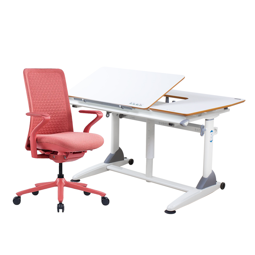 G6-L 成長桌 (無抽屜) (POLY 人體工學椅)-白色 / 珊瑚紅